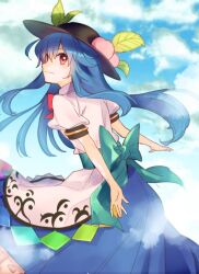 Rule 34 | 1girl, black hat, blue bow, blue hair, blue skirt, blue sky, bow, cloud, cloudy sky, commentary request, food, from behind, fruit, hat, hinanawi tenshi, leaf, long hair, looking back, makuwauri, outdoors, peach, puffy short sleeves, puffy sleeves, rainbow gradient, red bow, red eyes, shirt, short sleeves, skirt, sky, solo, touhou, white shirt
