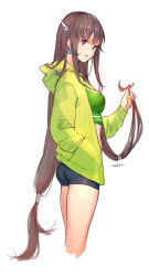 Rule 34 | 1girl, ass, blue shorts, breasts, brown hair, crop top, cropped legs, earrings, from side, green jacket, green shirt, hair ornament, twirling hair, hand in pocket, highres, hood, hooded jacket, jacket, jewelry, long hair, long sleeves, looking at viewer, looking to the side, medium breasts, midriff, open clothes, open jacket, open mouth, purple eyes, shirt, short shorts, shorts, simple background, smile, solo, swd3e2, thighs, venus blood, very long hair, white background