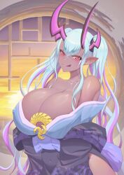 Rule 34 | 1girl, absurdres, aqua hair, bare shoulders, black kimono, blue kimono, blush, breasts, cleavage, collarbone, colored skin, eyeliner, fate/grand order, fate (series), grey skin, hair between eyes, highres, horns, huge breasts, ibuki douji (fate), itsuya (me22805012062), japanese clothes, kimono, layered clothes, layered kimono, licking lips, long hair, long sleeves, looking at viewer, makeup, multicolored hair, off shoulder, oni, pink hair, pointy ears, red eyes, sidelocks, smile, solo, tongue, tongue out, twintails