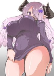 Rule 34 | 10s, 1girl, alternate costume, black panties, breasts, clothes tug, cowboy shot, demon horns, draph, from below, granblue fantasy, hair ornament, hair over one eye, horns, large breasts, light purple hair, long hair, long sleeves, looking at viewer, narmaya (granblue fantasy), no pants, oohira sansetto, oohira sunset, panties, pantyshot, pointy ears, purple eyes, ribbed sweater, solo, standing, sweater, sweater tug, underwear