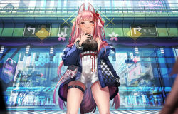 Rule 34 | 1girl, animal ears, bare shoulders, blunt bangs, blurry, blurry foreground, blush, bow, city, extra ears, hair bow, highres, jacket, long hair, looking at viewer, mole, mole under eye, multicolored hair, off shoulder, one side up, open clothes, open jacket, original, pink hair, red eyes, shorts, solo, streaked hair, tail, thigh strap, yu ni t