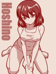 Rule 34 | 1girl, barefoot, blush, bra, breasts, character name, closed mouth, covered erect nipples, girls und panzer, gogopaint, hoshino (girls und panzer), large breasts, looking at viewer, monochrome, panties, short hair, sketch, smile, solo, sports bra, underwear