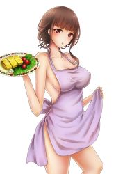 Rule 34 | 1girl, apron, apron lift, blunt bangs, blush, breasts, brown hair, cleavage, clothes lift, covered erect nipples, female focus, food, food request, kongara, large breasts, lettuce, looking at viewer, medium breasts, mole, mole under eye, naked apron, omelet, red eyes, short hair, side slit, sideboob, simple background, solo, standing, thighs, tomato, warship girls r, white background, yat sen (warship girls r)
