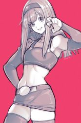Rule 34 | 1girl, belt, bra (dragon ball), dragon ball, dragon ball gt, greyscale, greyscale with colored background, grin, hairband, highres, long hair, looking at viewer, midriff, monochrome, navel, red background, sidelocks, simple background, skirt, smile, solo, standing, takatsuki ichi, thighs