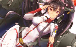 Rule 34 | 1girl, alternate costume, bodysuit, breasts, brown hair, cherry blossoms, cosplay, gradient background, highres, impossible clothes, kantai collection, large breasts, long hair, looking at viewer, moke ro, mori yuki, mori yuki (cosplay), oil-paper umbrella, ponytail, rigging, salute, skin tight, solo, turret, uchuu senkan yamato, uchuu senkan yamato 2199, umbrella, very long hair, white bodysuit, yamato (kancolle)