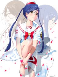 Rule 34 | 2girls, aika granzchesta, akira ferrari, andanden, aria (manga), barefoot, blue hair, blurry, blurry foreground, blush, bow, bowtie, braid, brown eyes, closed mouth, collared shirt, dress, earrings, eyelashes, falling petals, feet, foot out of frame, hair between eyes, highres, himeya company uniform, jewelry, knee up, long dress, long hair, looking at viewer, multiple girls, parted bangs, petals, red bow, red bowtie, red headwear, shadow, shiny skin, shirt, short sleeves, side slit, signature, sitting, swept bangs, toenails, toes, twin braids, uniform, upper body, white background, white dress, white headwear