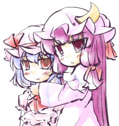 Rule 34 | 2girls, :&lt;, bad id, bad pixiv id, blue hair, bow, chibi, crescent, hair bow, hat, long hair, multiple girls, natsuki (silent selena), patchouli knowledge, purple eyes, purple hair, red eyes, remilia scarlet, short hair, simple background, smile, touhou