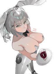 Rule 34 | black ribbon, breasts, character name, detached collar, from above, grey eyes, grey hair, grey leotard, hair ornament, highres, joints, large breasts, leotard, mechanical legs, mechanical parts, neck ribbon, punishing: gray raven, ribbon, robot joints, rosetta (punishing: gray raven), white background, x hair ornament, yongsadragon