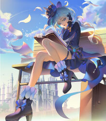 Rule 34 | 1girl, :d, absurdres, bare arms, bench, black footwear, black gloves, blue eyes, blue hair, blue hat, blue jacket, book, boots, building, commentary request, furina (genshin impact), genshin impact, gloves, hat, high heel boots, high heels, highres, holding, holding book, jacket, lingdu han, long hair, long sleeves, looking at viewer, open mouth, smile, solo, thigh strap, thighs, top hat, very long hair
