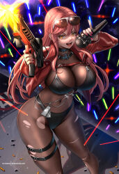 Rule 34 | 1girl, absurdres, bikini, bikini over clothes, black bikini, bodystocking, breasts, cleavage, covered navel, enma (enmanuelart), eyewear on head, goddess of victory: nikke, gun, highres, jacket, large breasts, leather, leather jacket, long hair, long sleeves, microphone, nail polish, open clothes, open jacket, open mouth, orange eyes, red hair, red jacket, see-through, see-through cleavage, sidelocks, smile, solo, sunglasses, swimsuit, thighs, torn bodystocking, torn clothes, volume (nikke), weapon