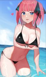 Rule 34 | 1girl, :p, arm under breasts, bikini, black bikini, blue eyes, blue sky, blunt bangs, blush, breast hold, breasts, butterfly hair ornament, cleavage, collarbone, day, front-tie bikini top, front-tie top, gatchan, go-toubun no hanayome, hair ornament, heart, highres, horizon, large breasts, nakano nino, navel, ocean, outdoors, revision, short hair, side-tie bikini bottom, sky, smile, smug, solo, swimsuit, thighs, tongue, tongue out, two side up, wading, wet