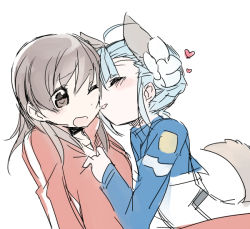 Rule 34 | 10s, 2girls, animal ears, bad id, bad pixiv id, closed eyes, dog ears, dog tail, fin e ld si laffinty, flower, hair flower, hair ornament, heart, jersey, kyouno madoka, licking, mizuki (koko lost), multiple girls, one eye closed, open mouth, rinne no lagrange, simple background, tail, track suit, wink, yuri