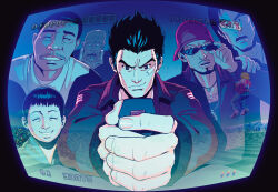Rule 34 | 6+boys, :o, adjusting eyewear, bald, bandaid, bandaid on face, bandana, black hair, brown jacket, character request, commentary, controller, english commentary, facial hair, hazuki ryou, highres, jacket, jewelry, joystick, long sleeves, multiple boys, mustache, necklace, reflection, shenmue, smirk, space harrier, sunglasses, tom waterhouse
