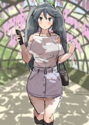 Rule 34 | 1girl, alternate costume, bad id, bad twitter id, bag, black hair, black socks, blouse, breasts, cellphone, clothing cutout, commentary request, dappled sunlight, feet out of frame, green eyes, hair ribbon, hairband, handbag, highres, isuzu (kancolle), kantai collection, kneehighs, large breasts, legs together, long hair, miniskirt, osananajimi neko, outdoors, phone, ribbon, shirt, shoulder cutout, skirt, socks, solo, standing, sunlight, tunnel, twintails, unfinished, white ribbon, white shirt, white skirt