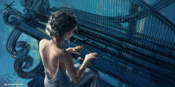 Rule 34 | 1girl, artist name, back, backless dress, backless outfit, bare shoulders, blue theme, character request, copyright name, dress, earrings, eyelashes, from behind, ghostblade, hairstyle request, highres, instrument, jewelry, looking down, music, piano, piano keys, playing instrument, playing piano, princess yan, reflection, silver dress, sitting, solo, watermark, wlop