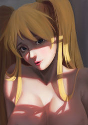Rule 34 | 1girl, absurdres, apollo (sunnypig), blonde hair, blue eyes, breasts, chinese commentary, cleavage, commentary request, dappled sunlight, eyelashes, genderswap, genderswap (mtf), hair over shoulder, head tilt, highres, large breasts, lips, long hair, looking at viewer, naruko (naruto), naruto, naruto (series), nose, nude, parted lips, portrait, realistic, shadow, solo, sunlight, twintails