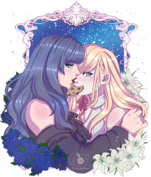 Rule 34 | 2girls, bare shoulders, black hair, blonde hair, blue eyes, clothing cutout, cookie, dress, final fantasy, final fantasy xiv, flower, food, from side, gaia (ff14), green eyes, hand on another&#039;s shoulder, highres, hyur, long hair, looking at viewer, mouth hold, multiple girls, peti (amaipetisu), red lips, rose, ryne waters, shoulder cutout, upper body, white dress