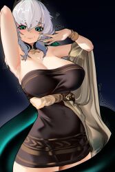 Rule 34 | 1girl, absurdres, arknights, arm up, armpits, black dress, bracelet, breasts, commentary, covered navel, cowboy shot, dress, green eyes, grey hair, head wings, highres, ho&#039;olheyak (arknights), ho&#039;olheyak (carriage of the winds of time) (arknights), jewelry, large breasts, looking at viewer, medium hair, mini person, naxius noxy, official alternate costume, shawl, smile, snake tail, solo, strapless, strapless dress, symbol-only commentary, tail, wings