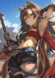 Rule 34 | 1girl, black shorts, blonde hair, breasts, brown hair, dark-skinned female, dark skin, day, dehya (genshin impact), earrings, genshin impact, grin, highres, holding, holding weapon, hopepe, jewelry, long hair, looking at viewer, medium breasts, multicolored hair, navel, outdoors, red nails, shorts, smile, solo, teeth, weapon