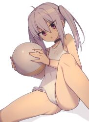 Rule 34 | 1girl, :o, ahoge, ball, beachball, black choker, bracelet, choker, cowboy shot, everyntrge, female focus, flat chest, frilled one-piece swimsuit, frills, groin, hair between eyes, holding, holding ball, jewelry, long hair, looking at viewer, one-piece swimsuit, open mouth, original, pink eyes, sidelocks, simple background, sitting, solo, swimsuit, twintails, white background, white one-piece swimsuit