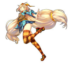 Rule 34 | 1girl, artist request, blonde hair, full body, green eyes, highres, leg lift, long hair, long sleeves, low-tied long hair, mascot, ntny, ootori kohaku, outstretched hand, simple background, solo, striped clothes, striped thighhighs, thighhighs, unity (game engine), very long hair, white background