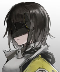 Rule 34 | 1girl, aiv, arknights, arknights: endfield, black hair, blindfold, endministrator (arknights), female endministrator (arknights), grey shirt, highres, jacket, open clothes, open jacket, portrait, shirt, short hair, simple background, solo, white background, yellow jacket