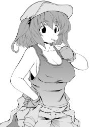 Rule 34 | 1girl, bad id, bad pixiv id, breasts, cleavage, clothes around waist, collarbone, drinking, drinking straw, female focus, fuantei, gloves, greyscale, hair bobbles, hair ornament, hat, jacket, jacket around waist, juice box, kawashiro nitori, large breasts, monochrome, no bra, short hair, sideboob, sleeveless, solo, tank top, touhou, twintails, two side up