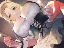 Rule 34 | 1girl, apron, blonde hair, blush, breasts, ceiling light, cleavage, closed mouth, corset, detached sleeves, dress, dutch angle, from below, green eyes, highres, holding, indoors, lap pillow, large breasts, long hair, looking at viewer, maid, maid apron, maid headdress, mimikaki, non-web source, original, parted bangs, pov, smile, solo, straight hair, towanemuru, underbust, upper body, white dress, wrist cuffs