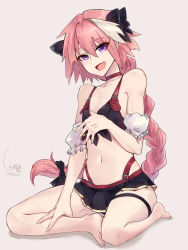 Rule 34 | 1boy, :d, arm support, astolfo (fate), bare legs, bare shoulders, barefoot, black bow, black skirt, blush, bow, braid, buckle, bulge, choker, collarbone, commentary request, crop top, dated, detached sleeves, eyes visible through hair, fang, fate/apocrypha, fate (series), flat chest, frilled sleeves, frills, front-tie top, full body, hair between eyes, hair bow, hair intakes, half-closed eyes, hand up, highleg, highres, long hair, looking at viewer, male focus, microskirt, midriff, multicolored hair, navel, open mouth, pink background, pink hair, pleated skirt, puffy short sleeves, puffy sleeves, purple eyes, red choker, short sleeves, signature, simple background, single braid, sitting, skirt, smile, solo, stomach, streaked hair, thigh strap, trap, two-tone hair, very long hair, white hair, yorei (death0813)