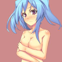 Rule 34 | 1girl, bad id, bad pixiv id, blue hair, blush, breast hold, breasts, cleavage, collarbone, covering privates, covering breasts, looking at viewer, nahu, nude, original, pink background, pink eyes, solo, tears, twintails, upper body
