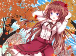 Rule 34 | 1girl, :d, ahoge, alternate costume, arms up, autumn leaves, bad id, bad pixiv id, beret, black ribbon, blue sky, blush, casual, center frills, cloud, commentary request, cowboy shot, day, dutch angle, falling leaves, frilled shirt collar, frilled skirt, frills, hair bun, hair ornament, hairclip, hands on headwear, hat, kantai collection, kongou (kancolle), leaf, long hair, long sleeves, neck ribbon, open mouth, outdoors, red hat, red skirt, ribbon, sakura romu, shirt, single hair bun, skirt, sky, smile, solo, standing, tree, twitter username, very long hair, white shirt
