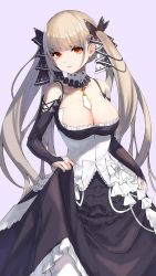 Rule 34 | 1girl, akanagi youto, azur lane, bare shoulders, black dress, black ribbon, breasts, bridal gauntlets, cleavage, collarbone, commentary request, cowboy shot, detached sleeves, dress, ear piercing, formidable (azur lane), frills, grey hair, hair ribbon, highres, large breasts, long hair, looking at viewer, pantyhose, petticoat, piercing, purple background, red eyes, ribbon, simple background, skirt hold, smile, solo, standing, twintails, very long hair, white pantyhose