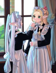 Rule 34 | 2girls, blonde hair, crossover, dungeon meshi, earrings, elf, frieren, green eyes, jewelry, maid, marcille donato, multiple girls, pawsup, pointy ears, sousou no frieren, white hair
