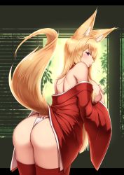Rule 34 | 1girl, akitsuki karasu, animal ear fluff, animal ears, ass, bare shoulders, blonde hair, blunt bangs, blush, breasts, covering privates, covering breasts, cowboy shot, eyelashes, fox ears, fox girl, fox tail, fundoshi, highres, indoors, japanese clothes, kitsune onee-san (shuugetsu karasu), large breasts, long hair, looking at viewer, looking back, no bra, off shoulder, open mouth, original, purple eyes, red thighhighs, skindentation, solo, standing, tail, thighhighs, thighs, very long hair, wide sleeves