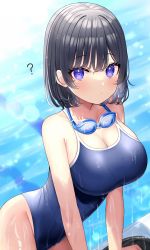 Rule 34 | 1girl, ?, bare shoulders, black hair, blue eyes, blue one-piece swimsuit, blush, breasts, cleavage, collarbone, goggles, goggles around neck, highres, large breasts, looking at viewer, mizukoshi (marumi), one-piece swimsuit, original, pool, school swimsuit, short hair, solo, sunlight, swimsuit, wet