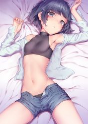 Rule 34 | 1girl, absurdres, armpits, arms up, bare shoulders, bed sheet, black hair, black panties, black shirt, blue shorts, breasts, denim, denim shorts, grey eyes, highres, long sleeves, looking at viewer, lying, midriff, navel, on back, on bed, open clothes, open fly, open shirt, original, panties, parted lips, ryuinu, see-through, shirt, short hair, short shorts, shorts, sleeveless, sleeveless turtleneck, small breasts, solo, spread legs, stomach, thighs, turtleneck, underwear, white shirt