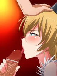 Rule 34 | 1boy, 1girl, bar censor, blonde hair, blue eyes, blush, censored, earrings, elina (queen&#039;s blade), erection, gradient background, hand on another&#039;s head, jewelry, licking, penis, queen&#039;s blade, sweat, tamezou, tongue, tongue out
