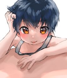 Rule 34 | 2boys, :p, adjusting hair, blue hair, blush, brown eyes, eye reflection, ezumomo, looking at viewer, lying, lying on person, male focus, multiple boys, nipples, original, pov, reflection, simple background, smile, tank top, tongue, tongue out, white background, yaoi