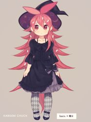 Rule 34 | 1girl, arms at sides, artist name, black hat, center frills, flaky (happy tree friends), frills, full body, grey pantyhose, hair between eyes, happy tree friends, hat, kab00m chuck, long hair, pantyhose, red eyes, red hair, simple background, solo, standing, translation request, very long hair, witch hat