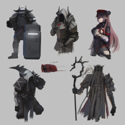 Rule 34 | 1girl, 4others, absurdres, ambiguous gender, arknights, armor, beret, black dress, black gloves, bomb suit, breastplate, carrying over shoulder, character request, cropped legs, dress, face in shadow, full armor, gloves, grey background, hat, helmet, highres, holding, holding staff, holding sword, holding weapon, hood, hood up, jacket, kusami toka naku au, long hair, military uniform, monster, multiple others, pauldrons, pink hair, red hat, riot shield, shield, shoulder armor, simple background, staff, sword, thumbs up, ulsulah (arknights), uniform, vambraces, weapon, white gloves, white hood, white jacket, yellow eyes