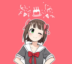 Rule 34 | ;), amami haruka, blunt bangs, blush, bow, bowtie, brown hair, cake, candle, closed mouth, food, grey shirt, hair bow, head tilt, highres, idolmaster, idolmaster (classic), looking at viewer, one eye closed, outline, party popper, pink background, pink bow, red bow, red bowtie, sailor collar, school uniform, serafuku, shirt, short hair, simple background, smile, solo, tareme, upper body, white outline, white sailor collar