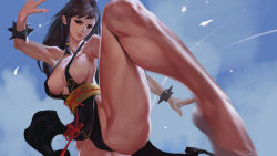 Rule 34 | 1girl, absurdres, alternate hair length, alternate hairstyle, bare legs, bracelet, breasts, brown hair, capcom, chun-li, cleavage, flats, grandia lee, hair down, highres, huge breasts, jewelry, kicking, long hair, motion blur, no bra, official alternate costume, sash, sideboob, solo, spiked bracelet, spikes, street fighter, street fighter v, thick thighs, thighs
