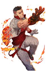 Rule 34 | 1boy, black hair, fire, flaming hand, gloves, grin, highres, jacket, male focus, pants, red eyes, red shirt, shirt, shoes, sideburns, smile, sneakers, soccer spirits, solo, standing, standing on one leg, taehoon (soccer spirits), track pants, transparent background, yi lee