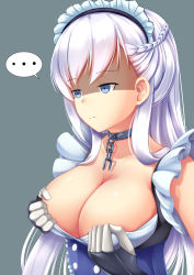 Rule 34 | 1girl, azur lane, belfast (azur lane), blue eyes, braid, breasts, chain, cleavage, collar, collarbone, commentary request, empty eyes, french braid, gloves, highres, kirimori toya, large breasts, long hair, maid, maid headdress, shaded face, silver hair, solo