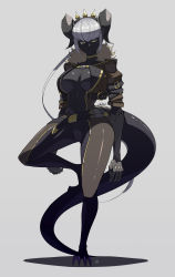 Rule 34 | 1girl, black horns, black skin, breasts, colored skin, full body, grey hair, highres, horns, large breasts, leg up, long hair, long sleeves, looking at viewer, mechanical arms, original, shadow, slit pupils, solo, standing, tail, ub1mo, very long hair, yellow eyes