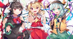 Rule 34 | 3girls, absurdres, ascot, asymmetrical wings, black dress, black hair, black legwear, blonde hair, blue wings, blush, bow, bowtie, buttons, center frills, collared shirt, crystal, dress, eyeball, fangs, flandre scarlet, floral print, frilled dress, frilled shirt, frilled shirt collar, frilled skirt, frilled sleeves, frills, green eyes, green hair, green skirt, gunjou row, hat, hat bow, hat ribbon, heart, heart of string, highres, holding, holding phone, holding weapon, houjuu nue, huge filesize, knife, komeiji koishi, long sleeves, medium hair, mob cap, multiple girls, nail polish, one side up, open mouth, phone, pointy ears, polearm, puffy short sleeves, puffy sleeves, red bow, red bowtie, red eyes, red ribbon, red skirt, red vest, red wings, ribbon, shirt, short dress, short hair, short sleeves, siblings, side ponytail, skirt, skirt set, snake, stage connection, string, thighhighs, third eye, touhou, touhou lostword, trident, vest, wavy hair, weapon, white shirt, wide sleeves, wings, yellow bow, yellow neckwear, yellow ribbon, yellow shirt, zettai ryouiki