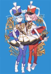 Rule 34 | + +, 1boy, 1girl, :d, band uniform, baton, blue background, blue eyes, blue hair, blue pantyhose, blush, boots, braid, brother and sister, closed mouth, dorothy west, dress, euphonium, eyebrows, full body, hat, holding, instrument, kissai, reona west, long hair, looking at viewer, mole, mole under eye, open mouth, pantyhose, pom pom (clothes), pretty series, pripara, red pantyhose, shako cap, short dress, short hair, siblings, side-by-side, side braid, simple background, smile, standing, symbol-shaped pupils, trap, trumpet, twins, white dress, white footwear