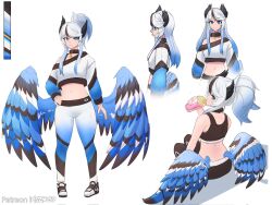 Rule 34 | 1girl, asekeu, bird girl, blue eyes, blue feathers, blue hair, blue pants, blue pupils, blue sweater, blue wings, bright pupils, choker, commentary, cropped sweater, cup, drinking, english commentary, feathered wings, feathers, gradient hair, gradient pants, head wings, highres, holding, holding cup, long hair, looking at viewer, low wings, midriff, multicolored hair, multiple views, navel, original, pants, ponytail, sidelocks, sweater, two-tone sweater, white hair, white pants, white sweater, wings