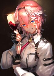Rule 34 | 1girl, alcohol, blue eyes, blush, breast zipper, breasts, cup, drinking glass, gloves, hair between eyes, hair wings, hairband, head wings, highres, holding, holding cup, hololive, holox, large breasts, long sleeves, looking at viewer, necktie, pink hair, qdx4p, shirt, short hair, smile, solo, takane lui, takane lui (1st costume), virtual youtuber, white shirt, wine, wine glass, wings