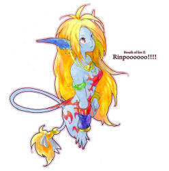 Rule 34 | blonde hair, blue skin, breath of fire, breath of fire ii, colored skin, earrings, jewelry, long hair, pointy ears, red eyes, rinpoo chuan, solo, tail, toisu, very long hair, white background